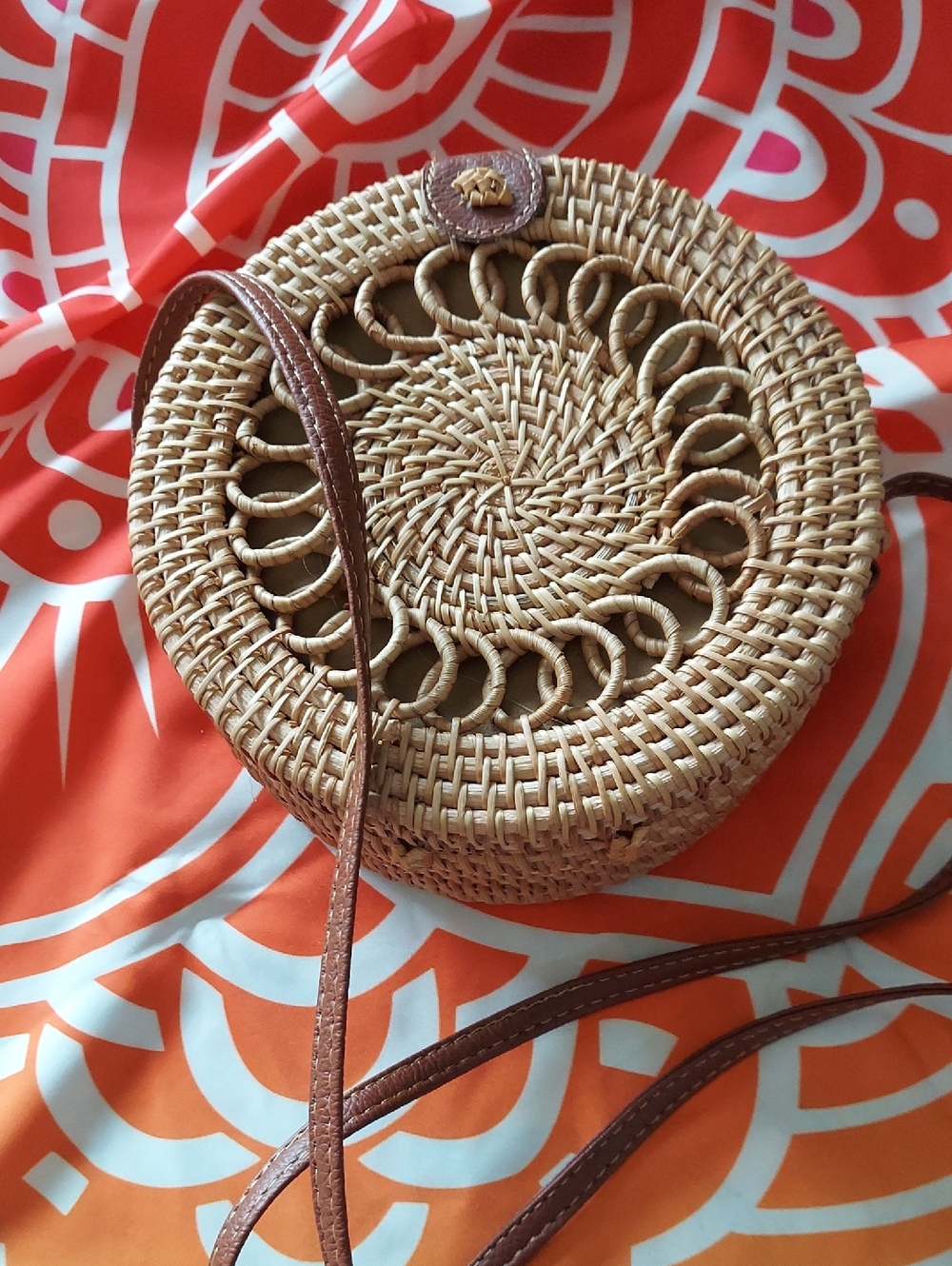Round Woven Straw Crossbody Bag with Brown Leather Strap